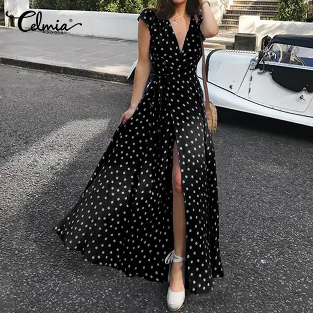 Summer Women Long Maxi Dress Celmia Sexy Bohemian Split Hem Polka Dot Short Sleeve Sundress Belted Casual Fashion V-Neck Vestido 4