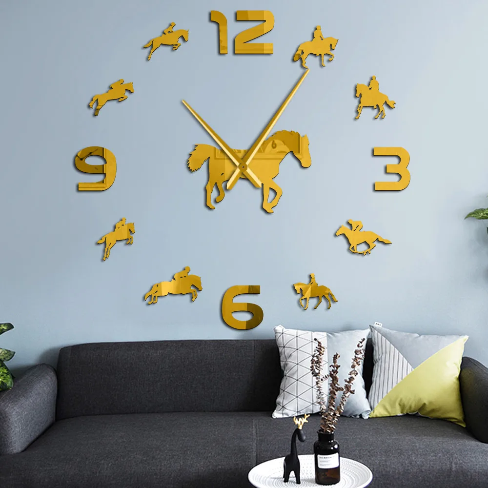 

Horse Riding Silhouette DIY Wall Art Mirror Stickers Stallion Portrait Giant Wall Clock Frameless Wall Watch Equestrian Decor