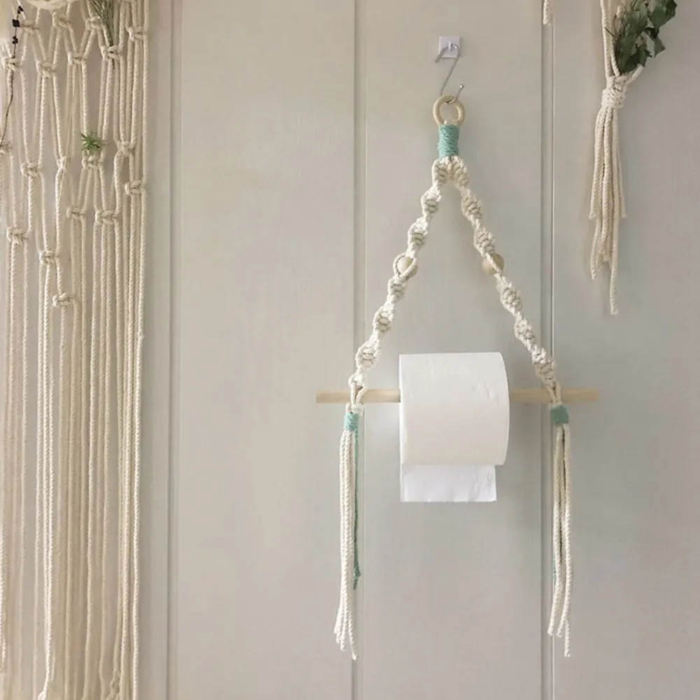 

Macrame Toilet Paper Holder Wall Hanging Toilet Paper Holder Hand-Woven Wooden Stick Rack Cotton Rope Bathroom Accessories