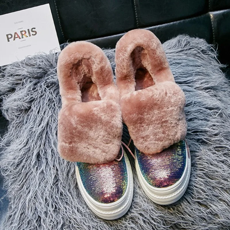 

MLJUESE 2020 women ankle boots Kid Suede winter plush lace up Bling Bling round toe female snow boots party size 40