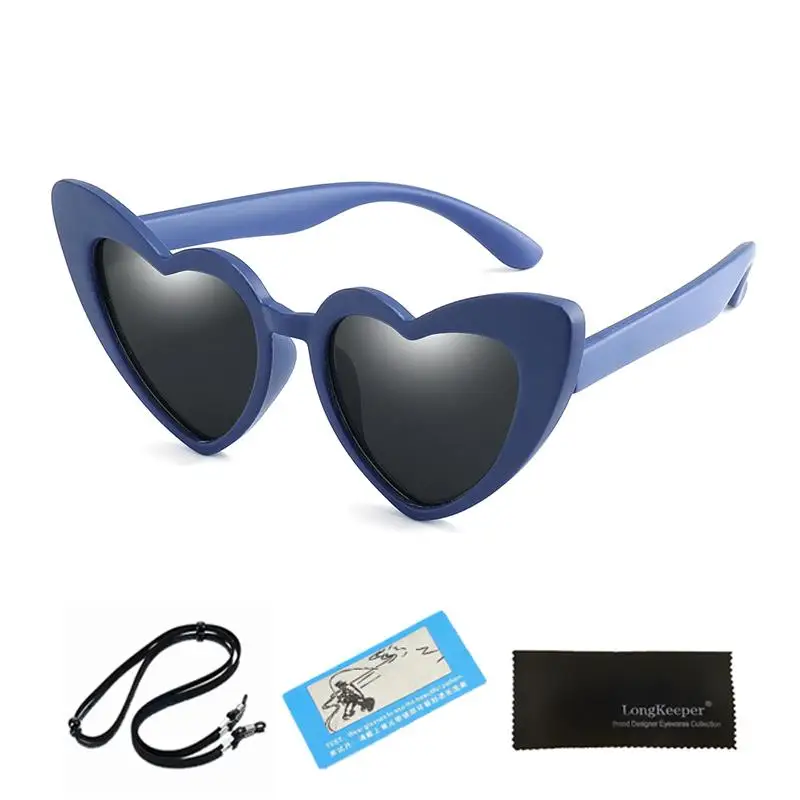 blue grey Longkeader, детские солнцезащитные очки с ремешком, Детские поляризованные солнцезащитные очки, с сердечком, для мальчиков и девочек, TR90, защитная рамка, UV400 - Цвет линз: blue grey