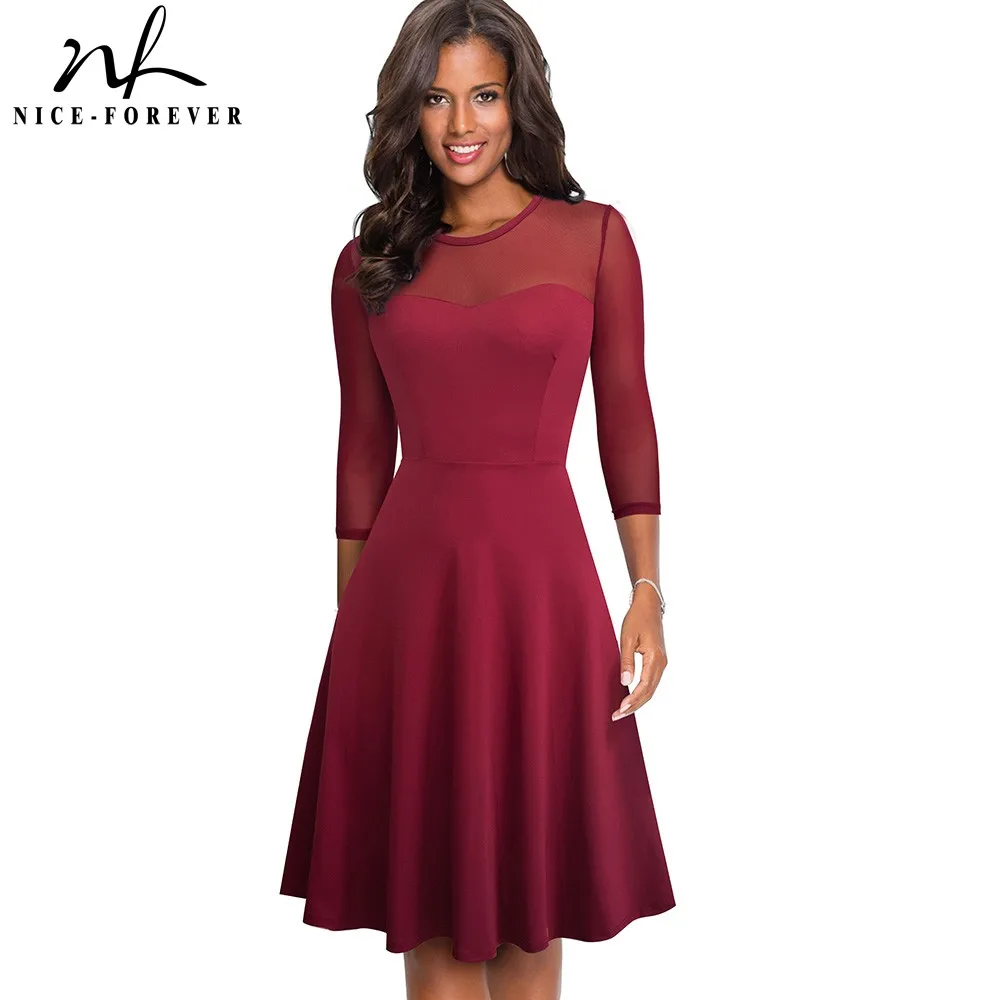 Comprare Nizza sempre Elegante Sexy Della Maglia Della Rappezzatura Del Merletto abiti Affari Partito Swing Flare Vestito Delle Donne di Autunno A170