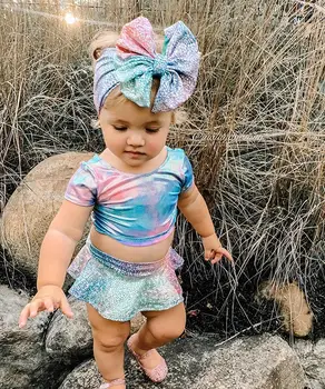 

Fashion Kids Baby Girl Clothes Colourful Outfits 3Pcs Short Sleeve Crop Tops Ruffle Short Pants Headband 3Pcs Swimsuit 0-4Y
