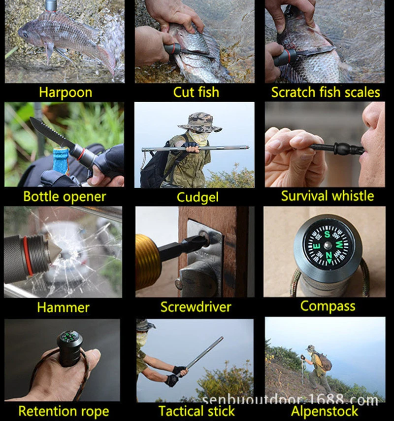 XC Multifunction Camping Hiking Walking Sticks Alpenstock Outdoor Aluminum Alloy Defense Tactical Stick Portable Camping Tools  (16)