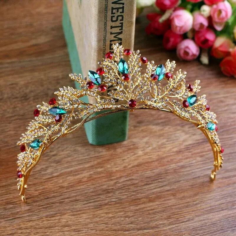 

6cm High Leaf Crown Red Lake Blue Crystal Tiara Adult Wedding Party Pageant Women Accessories Piece Chinese Hair