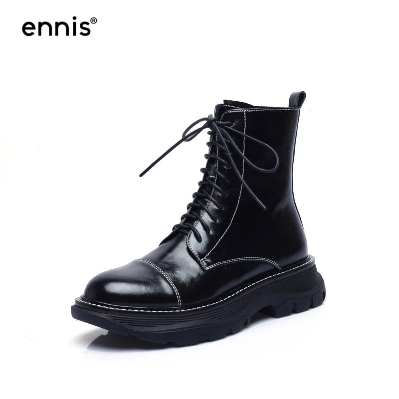 

ENNIS Black Martin Boots Women Patent Leather Boots Platform Lace Up Ankle Boots Autumn Winter Brown Flat Zip Shoes Ladies A0046