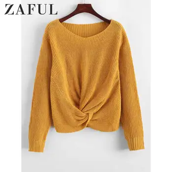 

ZAFUL Pullover Twist Hem V Neck Sweater Pullover Solid Color Sweaters Jumper Sweater For Women Chic Elastic 2019 Autumn Winter