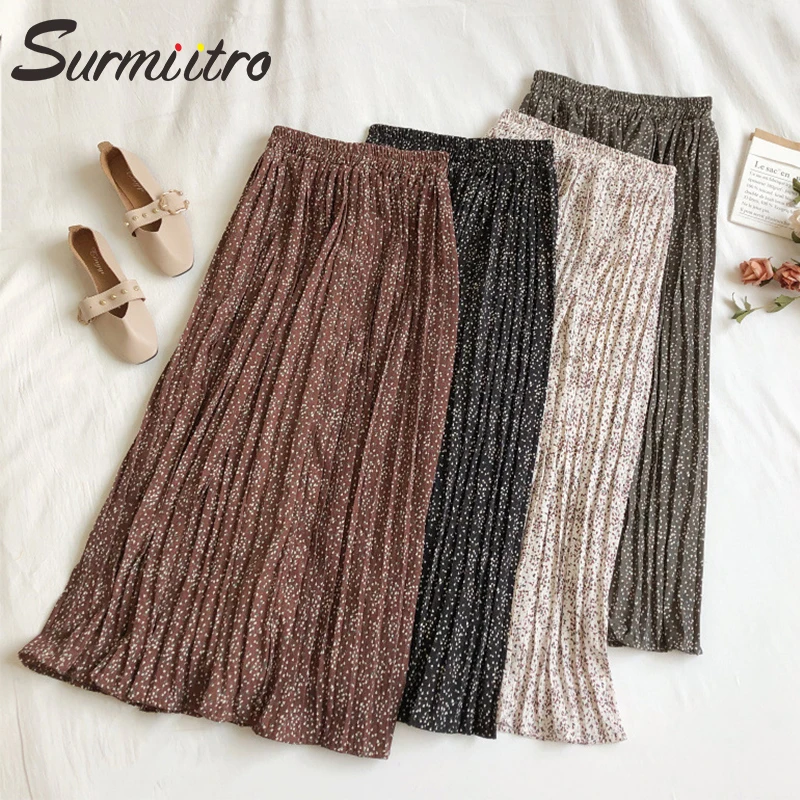 Surmiitro Floral Long Pleated Skirt Women For Autumn Winter Ladies Korean High Waist Black White Maxi School Skirt Female