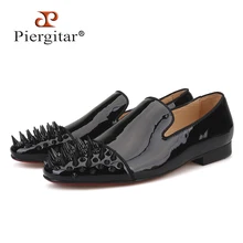 Piergitar/Новинка года; черные мужские лоферы из лакированной кожи с черными длинными и короткими шипами; модные вечерние мужские модельные туфли для выпускного вечера