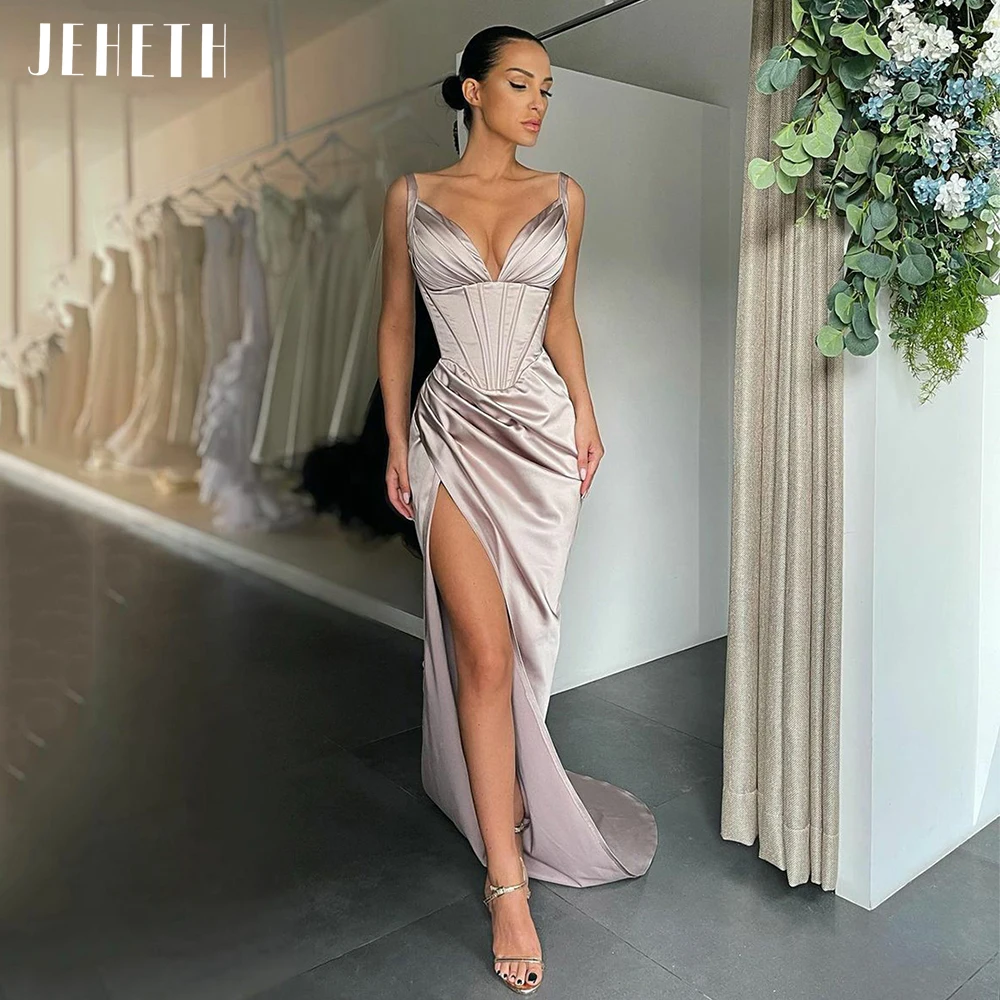JEHETH Sexy Deep V-Neck Satin Evening Dresses Spaghetti Straps Side Split Backless Pleats Cocktail Party Gowns robes de soirée