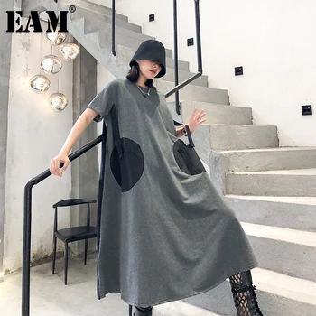 

[EAM] Women Dot Pinrted Back Pleated Big Size Dress New Round Neck Short Sleeve Loose Fit Fashion Tide Spring Summer 2020 1T459