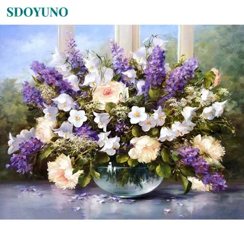 

SDOYUNO Oil Painting By Numbers DIY Frameless acrylic pictures by numbers 60x75cm purple Flowers On Canvas Digital Painting
