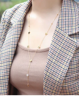 New Womens Gold Silver Color 316 Stainless Steel Zircon Bamboo Chain Stars Long Pendant Multilayer Moon Necklaces Jewelry Choker