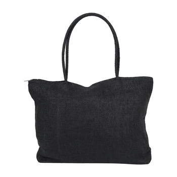 

Tote Bag Ladies Straw Weaving Summer Beach Tote Bag Shopping Travelling Zippered Bag-Black