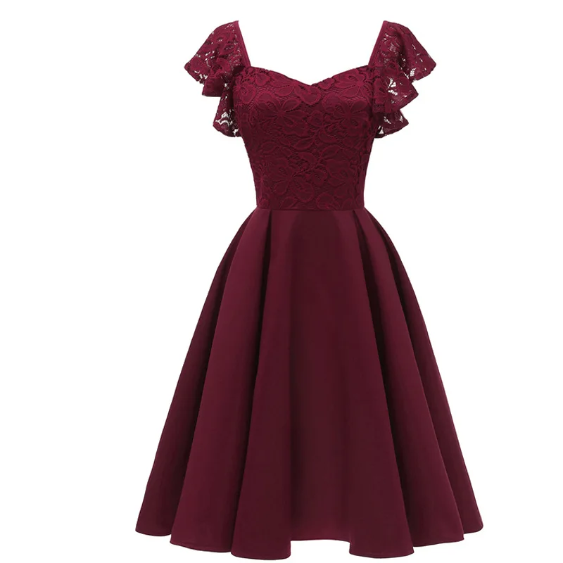 

Simple Burgundy Homecoming Dresses V-neck Short Sleeve Prom Gowns Satin Lace A-line Knee-Length Party Dresses Cocktail Dresses