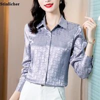 Fashion Striped Plaid Jacquard Satin Silk Shirt Women Blouse Office Ladies OL Work Shirt Long Sleeve Spring Autumn Tops Clothes 1