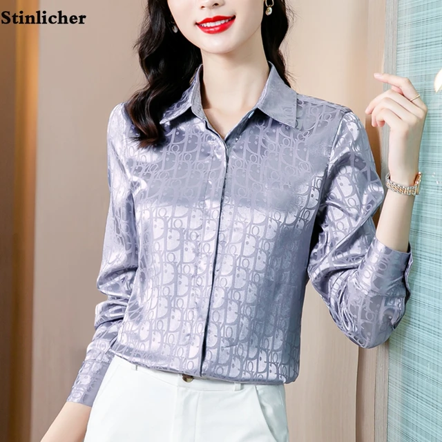 Fashion Striped Plaid Jacquard Satin Silk Shirt Women Blouse Office Ladies OL Work Shirt Long Sleeve Spring Autumn Tops Clothes 1