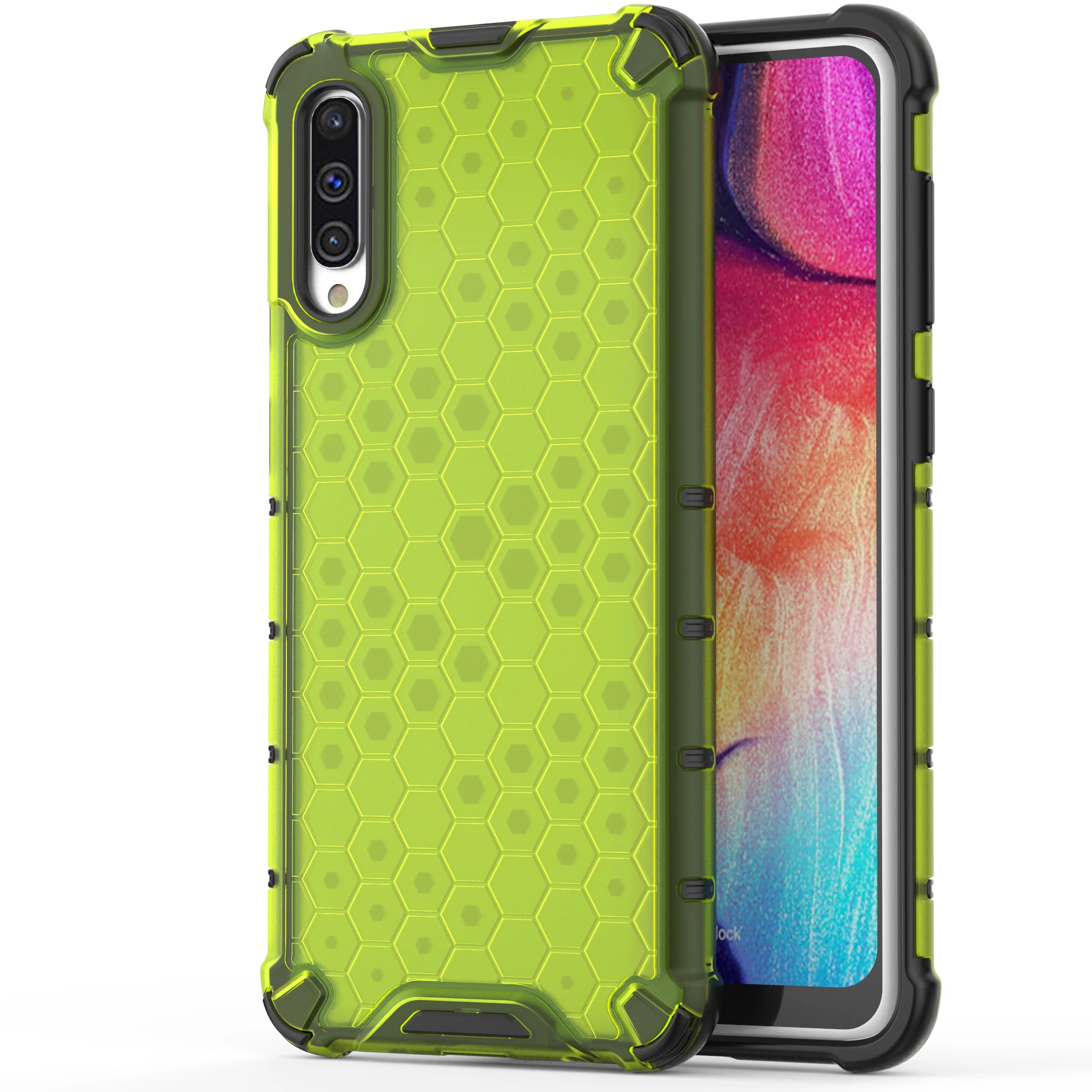 

For Samsung Galaxy A50 Phone Casing Honeycomb Pattern Shock-proof TPU PC Hybrid Cover