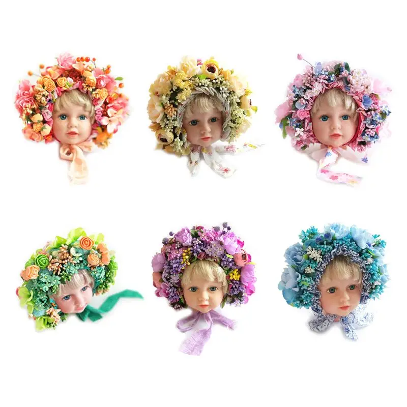 Sombrero floral de flores para recién nacidos, atrezos para fotografía de bebés, gorro colorido hecho a mano, accesorios para sesión de fotos y estudio