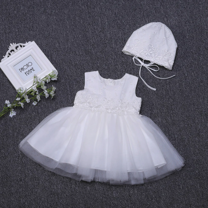Платье на крестины для новорожденных; Белый наряд для крещения; платье для первого дня рождения для маленьких девочек с фатиновой юбкой-шляпкой; детский крестильный комплект