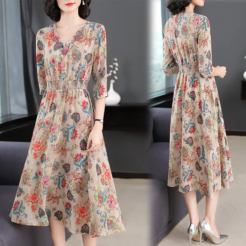 

2018 Summer New Style Ladies' Elegant Slim Fit Slimming Mid-length Crew Neck Half-sleeve Shirt Embroidered Silk Dress