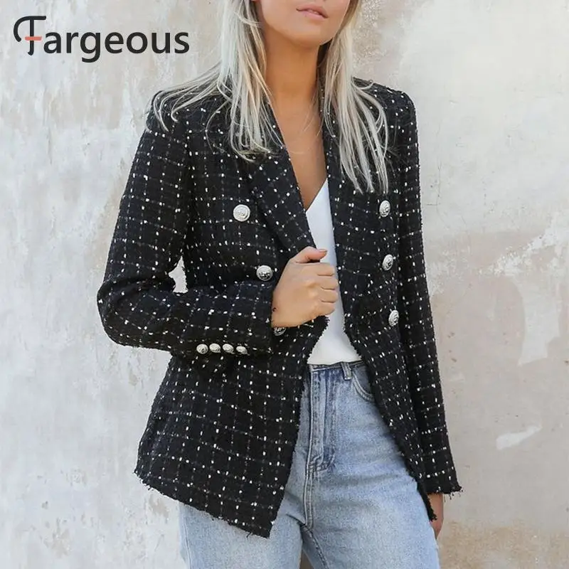 

Ladies Fashion Tweed Burr Blazer Check Jackets Women 2019 Winter Black Double Breasted Jackets and Coats Female Outerwears