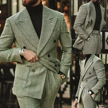 Herringbone Men's Suit Cover Slim Fit Wool Blend Double-Breasted Gown Formal Customization