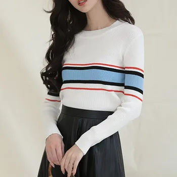 

Women Autumn Round Neck Knitted Bottoming Sweater Pullover Casual Striped Stitching Sweater Long Sleeve Sweater