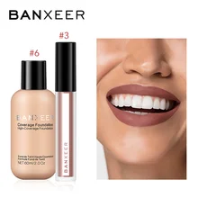 BANXEER Тональная основа+ блеск для губ, 2 шт., набор для макияжа, тинт для губ, высокий пигмент, полное покрытие, тональный крем, макияж, набор для ежедневного макияжа