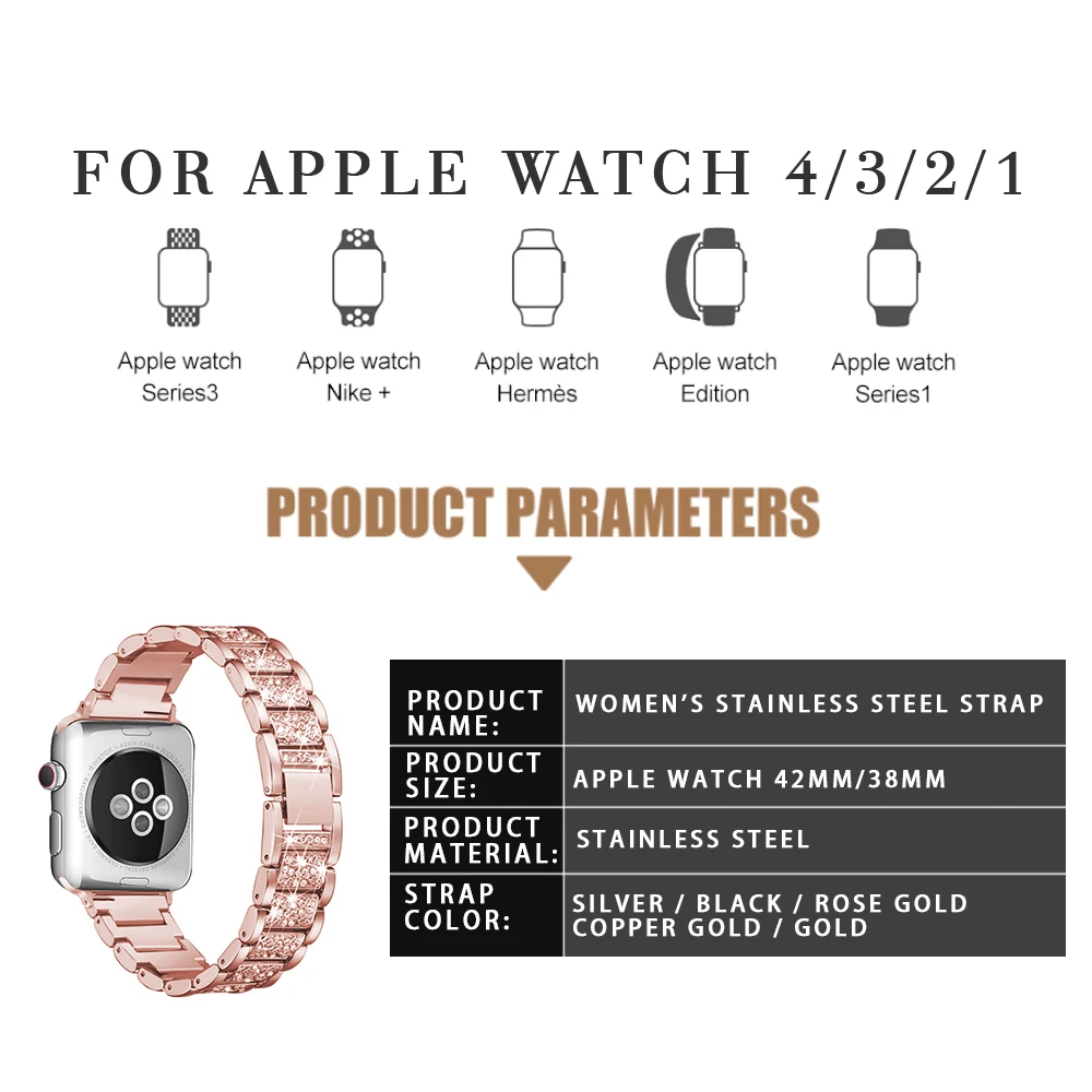 Ремешок для Apple Watch, ремешок 40 мм, 44 мм, 38 мм, 42 мм, для женщин, бриллиантовая серия 5, 4, 3, 2, 1, для iWatch, браслет, аксессуары из нержавеющей стали