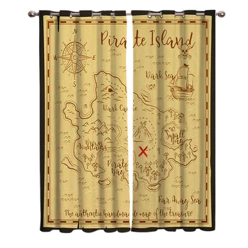 

Pirate Treasure Map Blackout Window Curtains Living Room Curtain Kitchen Blackout Curtains Left and Right Biparting Open