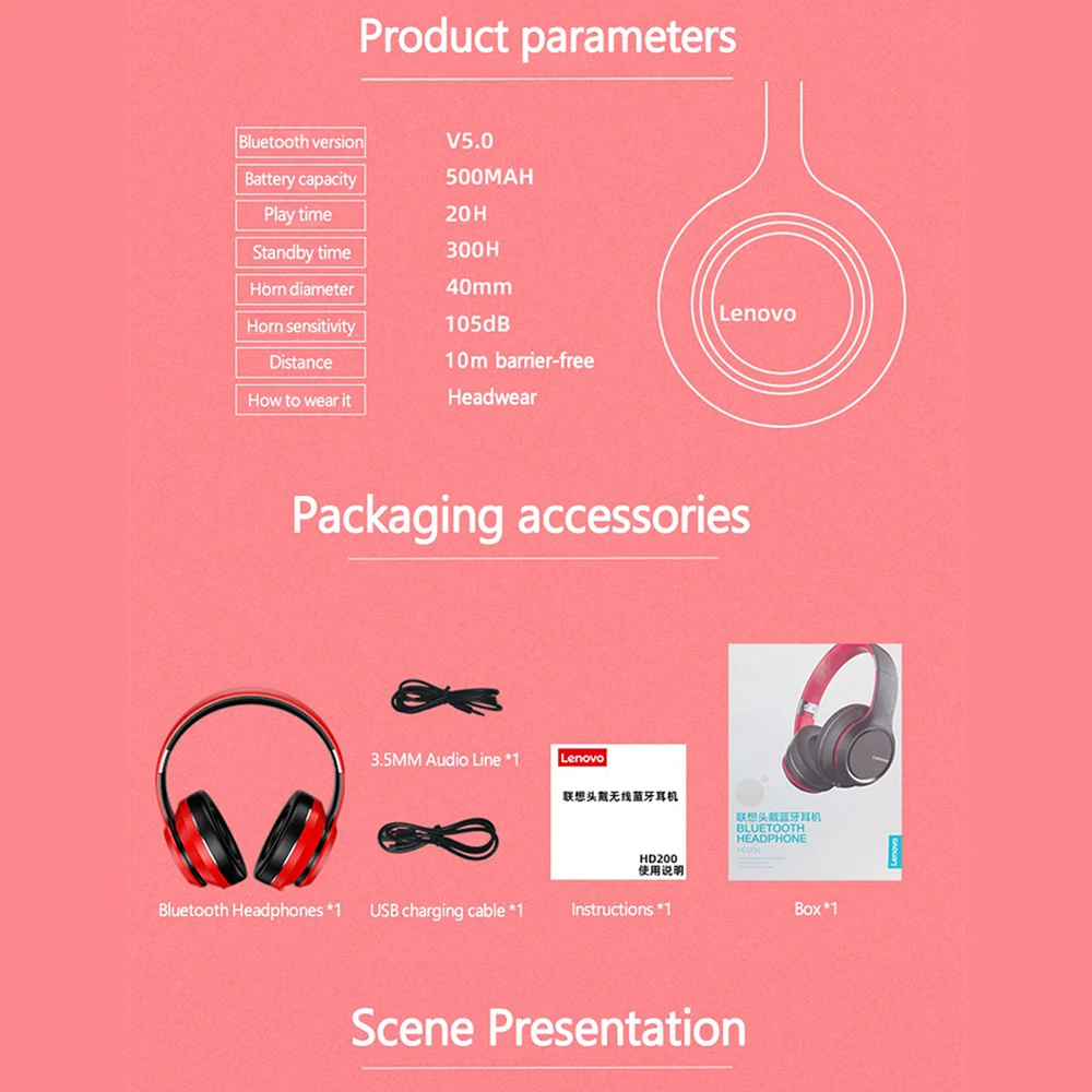 Lenovo HD200 Bluetooth Headset Wireless Computer Headphone BT5.0 Long Standby Life With Noise Cancelling for iPhone12 11 pro max