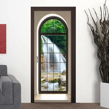 

2Pcs/Set Waterfall Scenery Outside The Window 3D Wall Door Sticker PVC Self-adhesive Waterproof Mural Decals Door Decor Poster