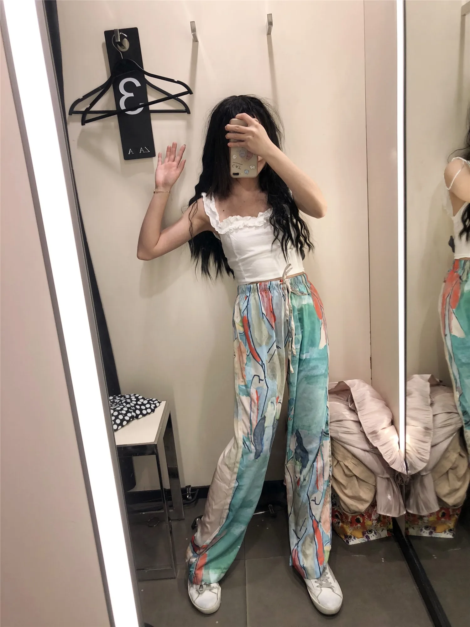 CHEERART Watercolor Print Wide Leg Pants Women Summer Trousers Loose High Waist Drawstring Pants Fashion Streetwear Trendy