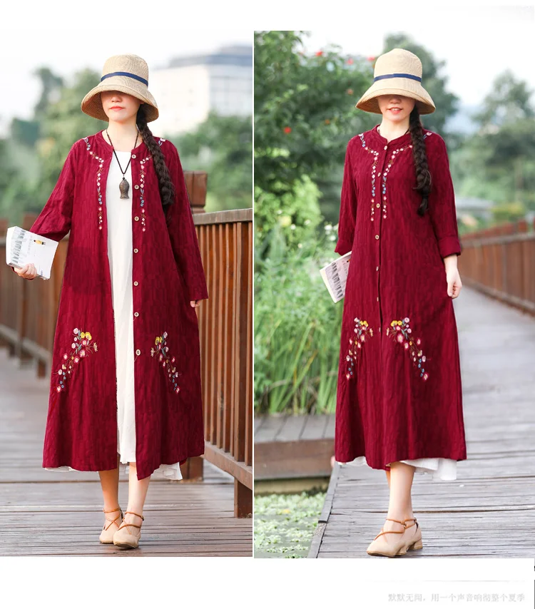 Autumn Clothing New Style Jacquard Embroidered Cotton Linen Retro Cardigan Elegant Large Size Mid-length Women's