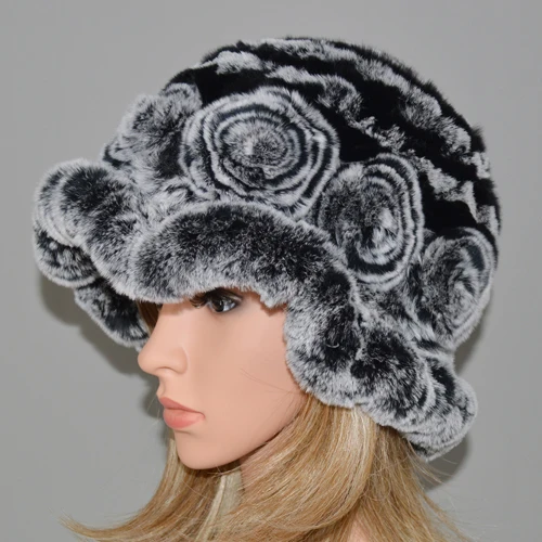 gray and black Новые зимние роскошные женские натуральные шапки из меха кролика рекс теплые вязаные Настоящий мех кролика шапки меховые шапочки - Цвет: gray and black