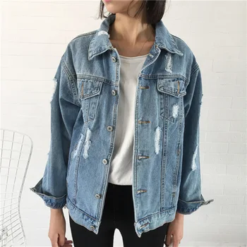 

YOCALOR Solid Jean Jeans Jacket For Women Loose Casual Blue Women Coats Female Outwear Hole Denim Feminine Chaqueta Mujer Coat
