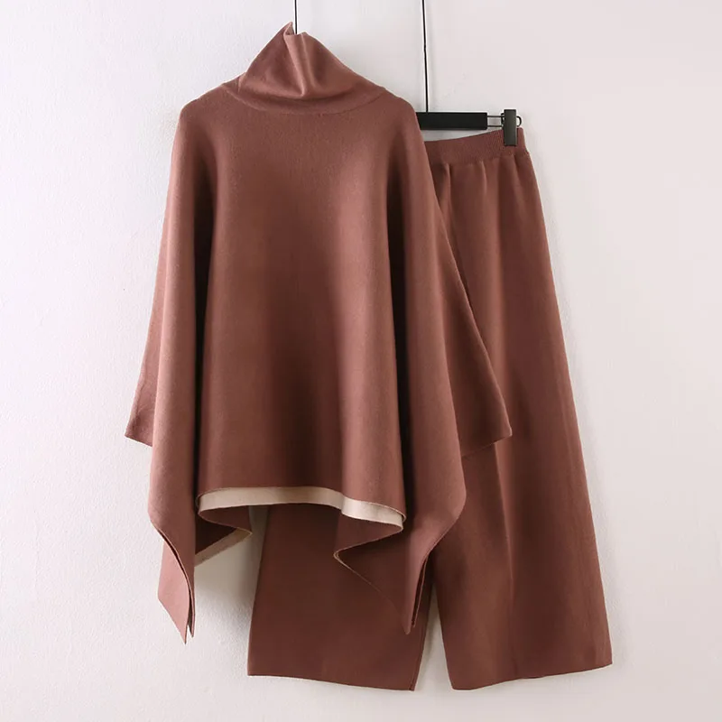 

2019 New Autumn and Winter Women Losoe Sweater Female Turtleneck Thick Sweater Pullover Knit Wide Leg Pants Two-piece Set Mujer