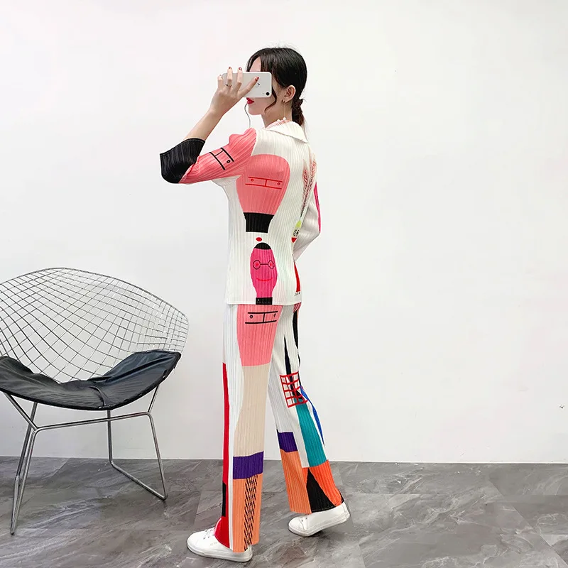 Miyake плиссированные комплект из двух предметов белый Повседневный свободный характер женские костюмы короткое пальто длинные широкие брюки Новая Осенняя мода