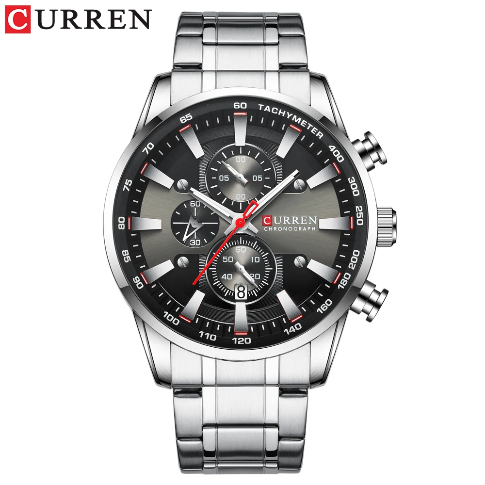 CURREN дизайн продвинутые простые мужские часы, модные спортивные стальные часы, водонепроницаемые мужские часы с тремя циферблатами с календарем - Цвет: Silver black
