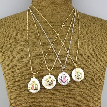 

16/19inch 5str/lot New arrival cz insect/tortoise/pineapple pearl pendant necklace,stylish pearl charm with cz necklace