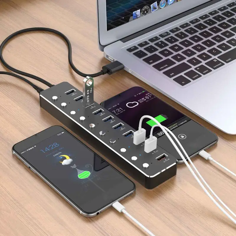 10 портов USB 3,0 концентратор Алюминиевый usb-разветвитель для быстрой зарядки с адаптером питания