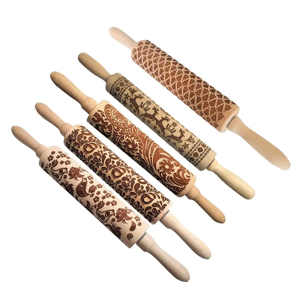5 Types Christmas Rolling Pin Deep Embossed Christmas Tree Hot Flower Wooden Rolling Pins Kitchen Cooking Kneading Tool