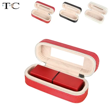 

PU Lipstick Box Portable Storage Box Trumpet Mini Cosmetic Bag with Mirror Make Up Organizer Plastic Box