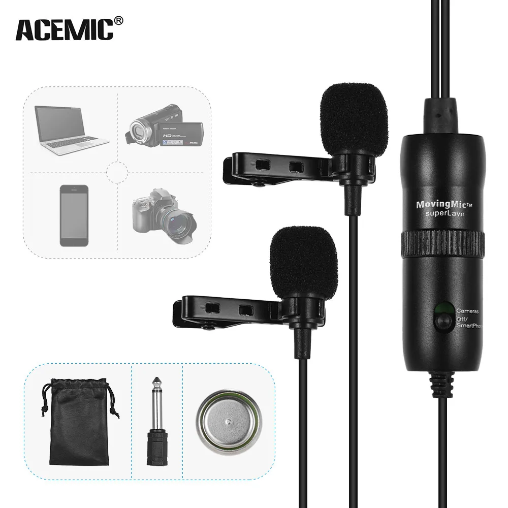 ACEMIC петличный микрофон с двумя головками, микрофон с отворотом, всенаправленный конденсатор с 6,5 мм адаптером для смартфонов DSLR
