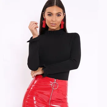 

Red Bodysuits Women Fashion Solid Ruffle Long Sleeve Turtleneck Sexy Tight Jumpsuit Romper For Woman Body Femme Ropa Mujer New