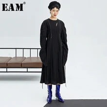 [EAM] женское черное платье с разрезом, с завязками, новинка, круглый вырез, длинный рукав, свободный крой, Мода весна-осень 1K721