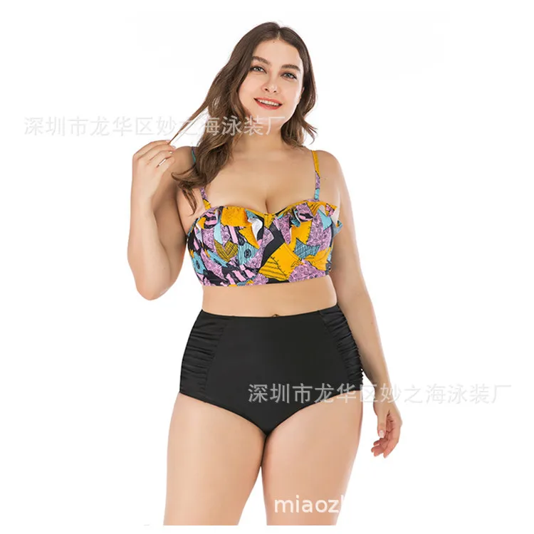 

2020 New Style Europe And America Large Size High-waisted Bikini Bathing Suit Plus-sized Split Type Swimwear Fat Women's Bikini