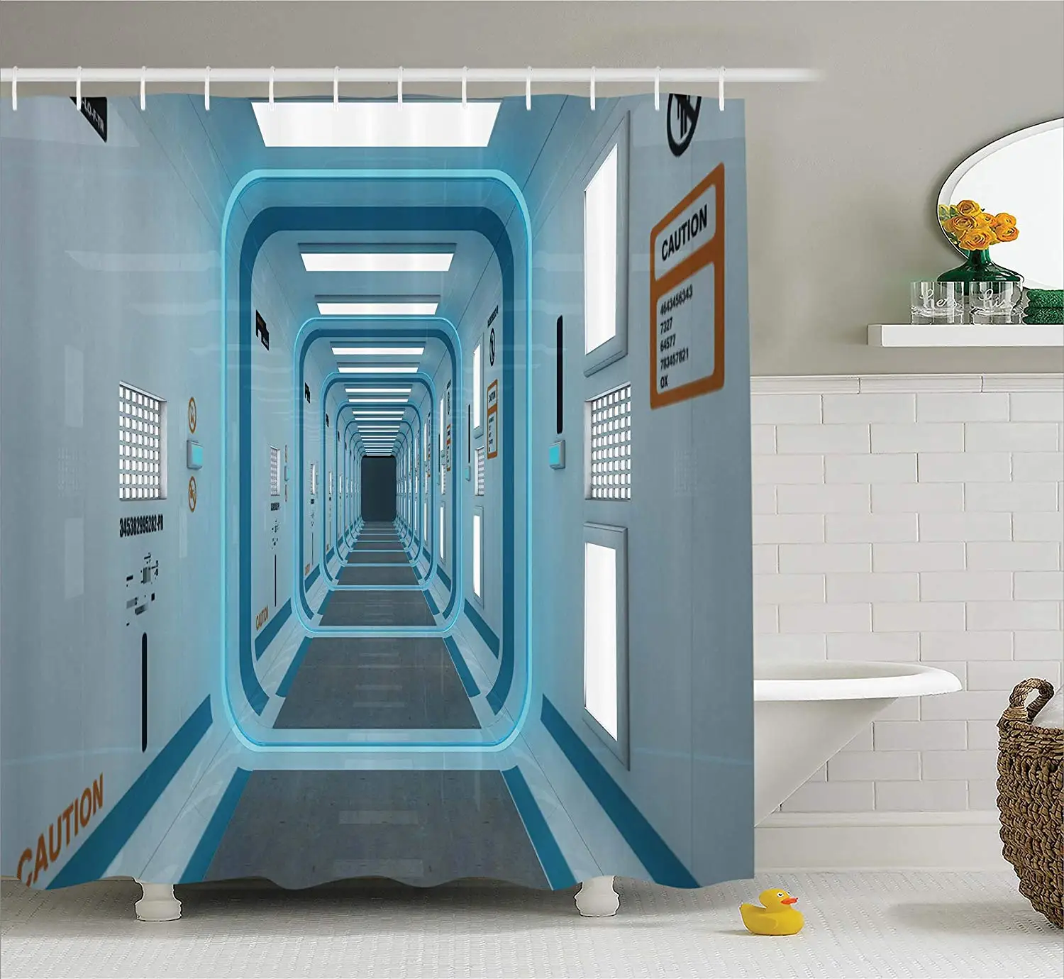 Outer Space Decor Shower Curtain Galactic Hallway with Caution Signs Discovery UFO Invasion Print Artwork Fabric Bathroom | Дом и сад
