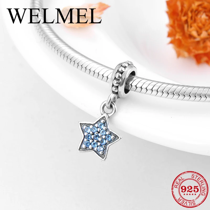 

100% 925 Sterling Silver Sparkling blue CZ Star charms Pendant fit Original Pandora Necklaces Bracelet Jewelry making 2018